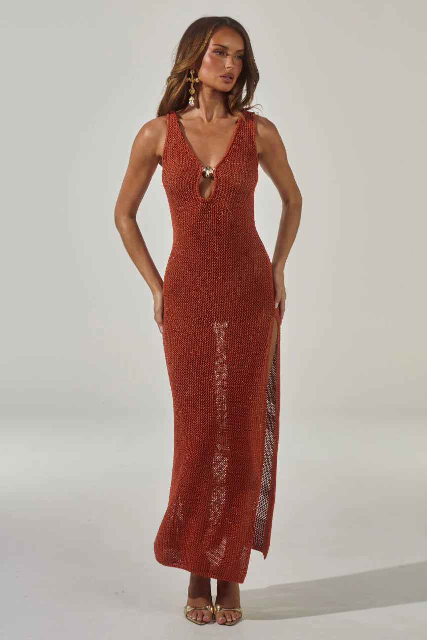 ARIYA SLEEVELESS KNIT MAXI DRESS - RUST METALLIC