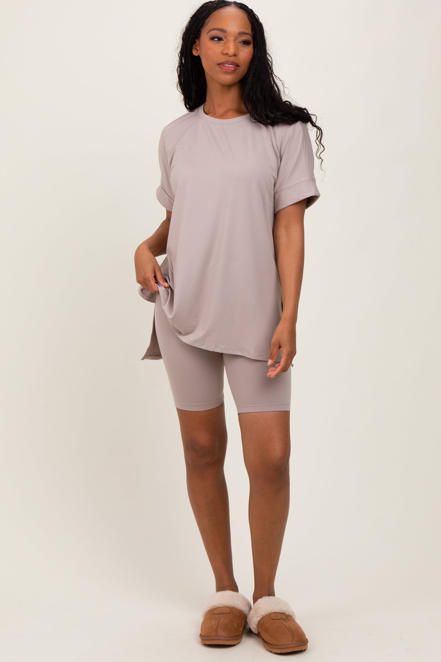 Beige Hi-Low Short Sleeve Tee Biker Short Maternity Set