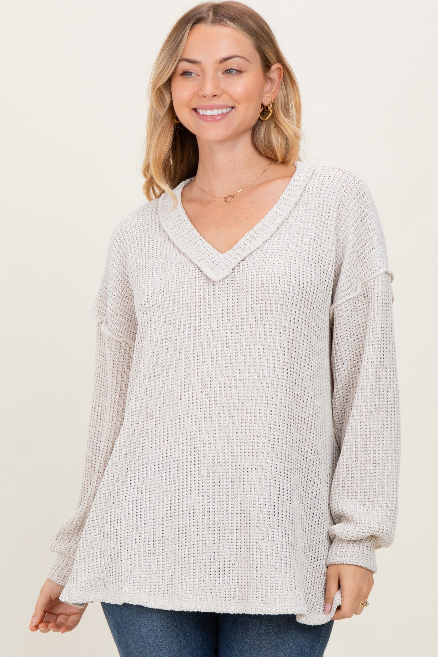 Beige Long Puff Sleeve Solid Oversized Maternity Top