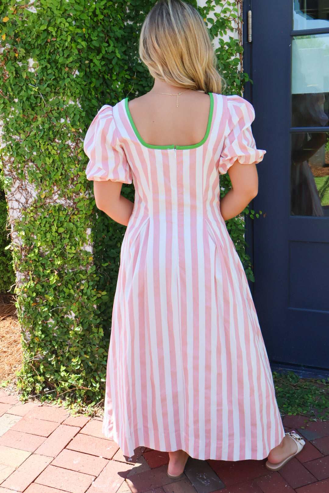 Pink & Green Striped Puff Sleeve Maxi Dress