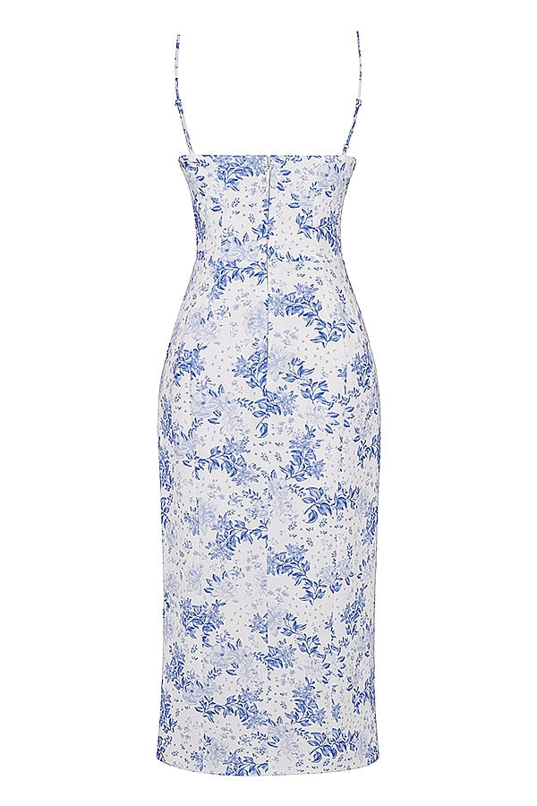 blue print corset midi dress