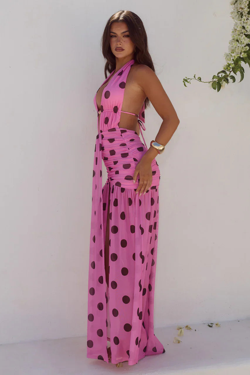ADRIANNA PLUNGE RUCHED MAXI DRESS - MUSK/CHOC POLKA