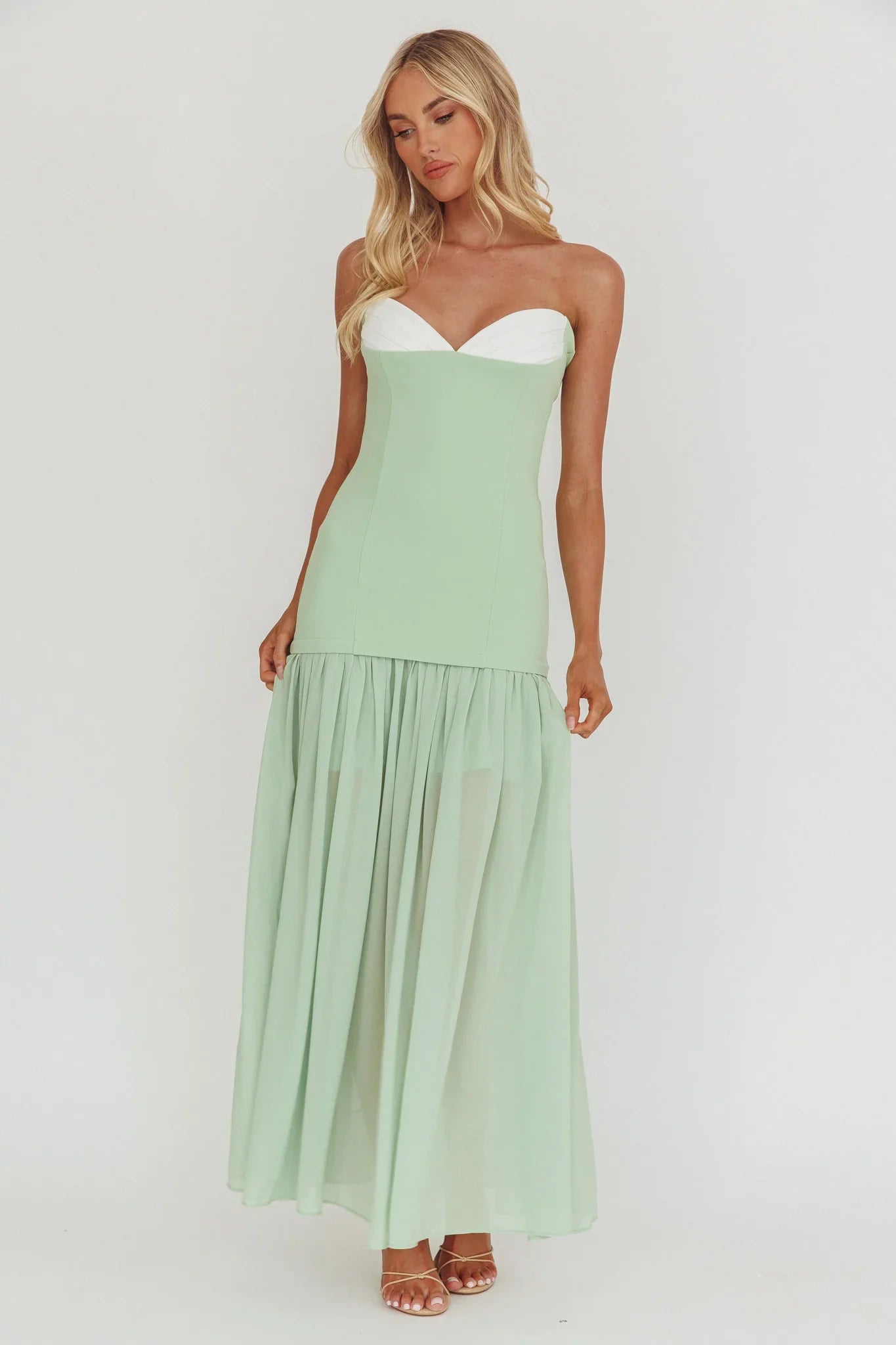 Unspoken Sweetheart Neckline Sheer Hem Maxi Dress Sage