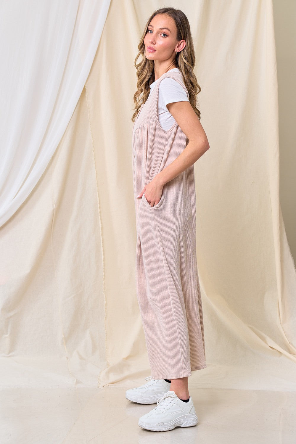 Beige Ribbed Sleeveless Button Front Jumpsuit