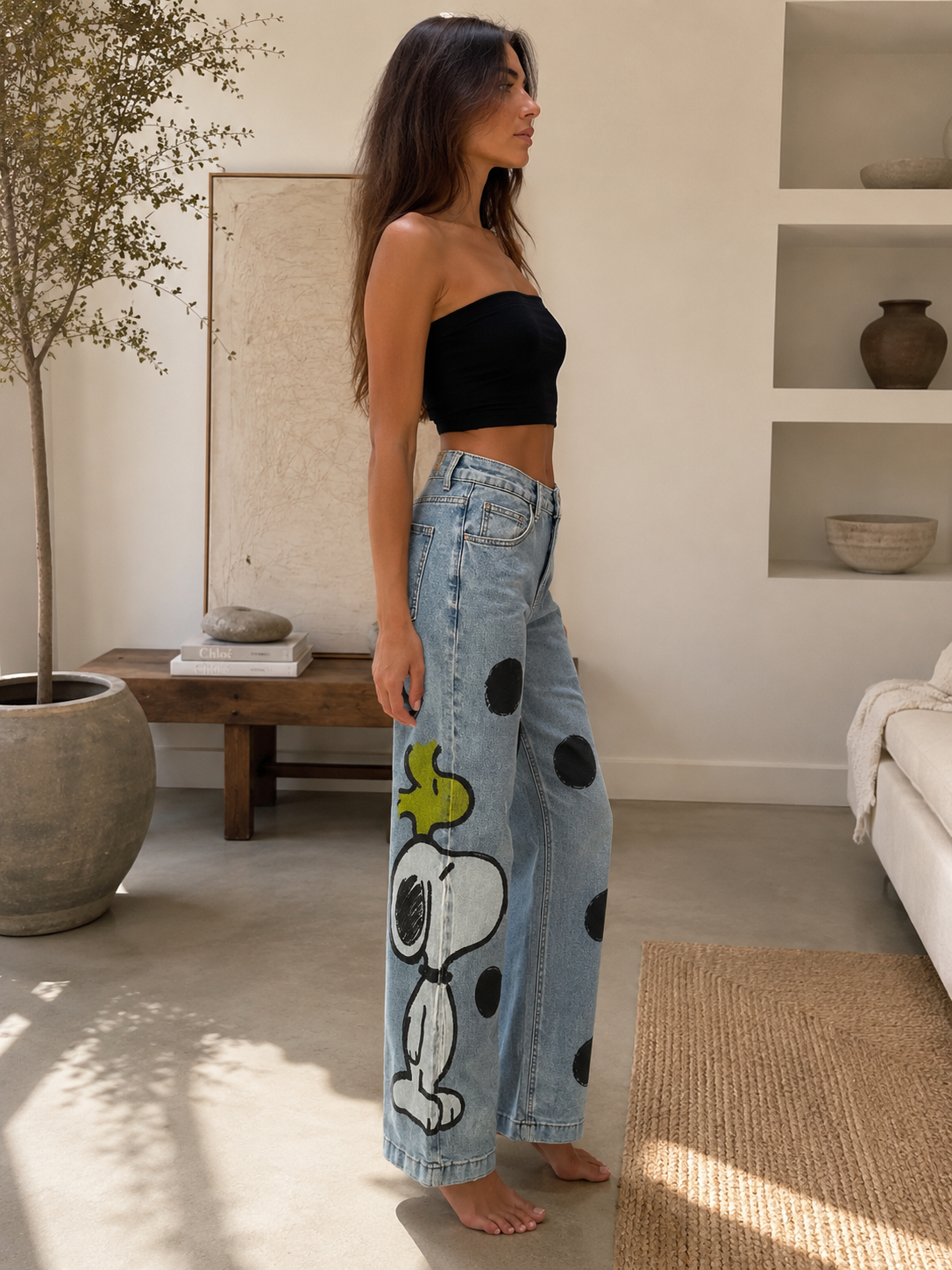 Snoopy Graphic Stretch Wide-Leg Jeans