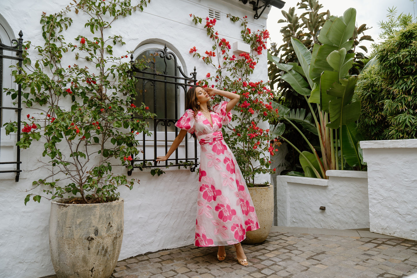 Abby Puffed Sleeve Pink Floral Maxi Dress
