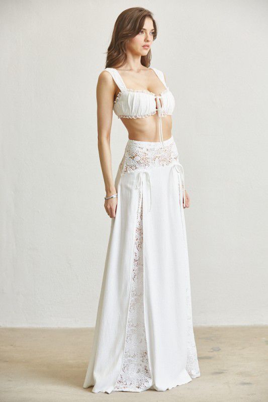 White Lace Maxi Skirt Set – Elegant Two-Piece Outfit with Crop Top
