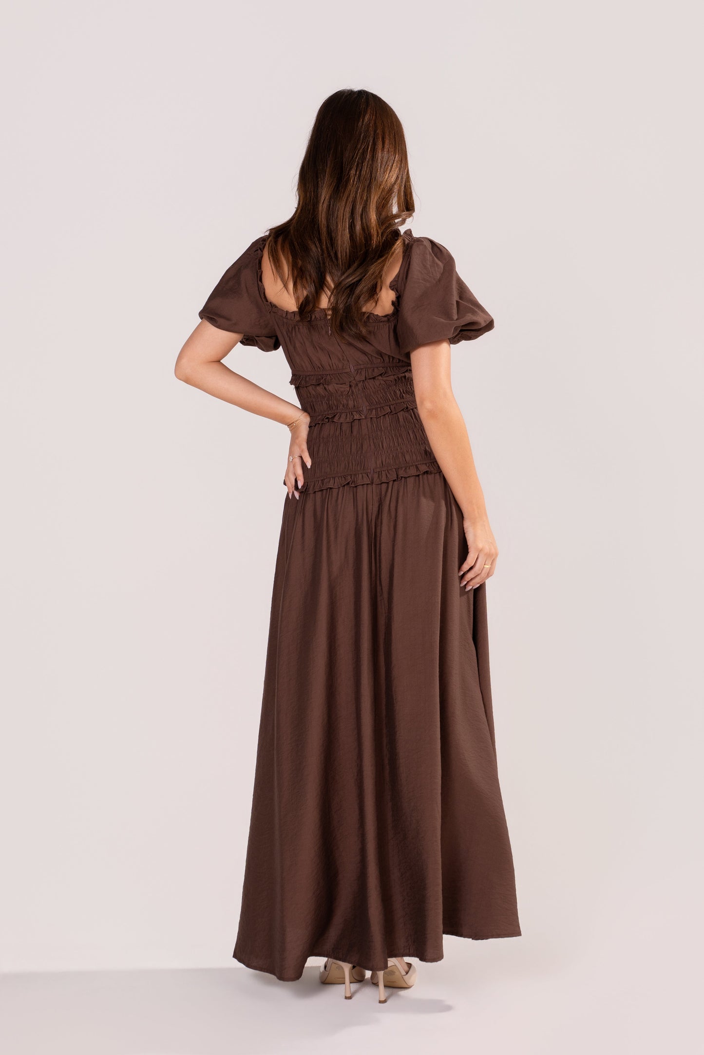 Whitley Chocolate Puff Sleeve Smocked Dress