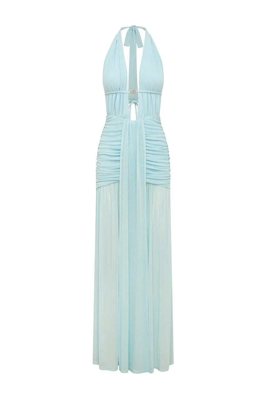 ADRIANNA PLUNGE RUCHED MAXI DRESS - AQUA