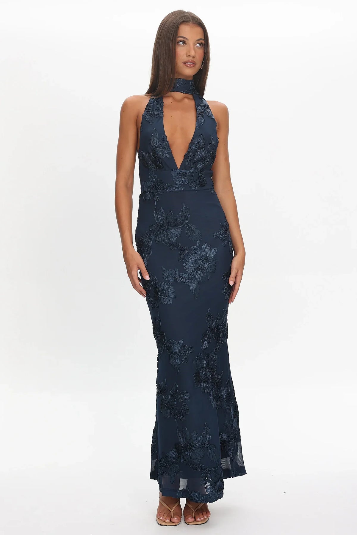 Cipriana Backless Halter Maxi Dress Embellished Navy