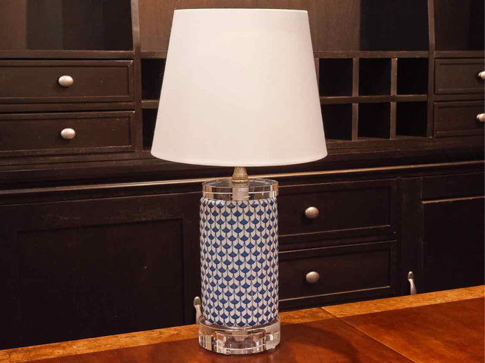 Blue & White Fishscale Table Lamp With Empire Off White Clip On Shade