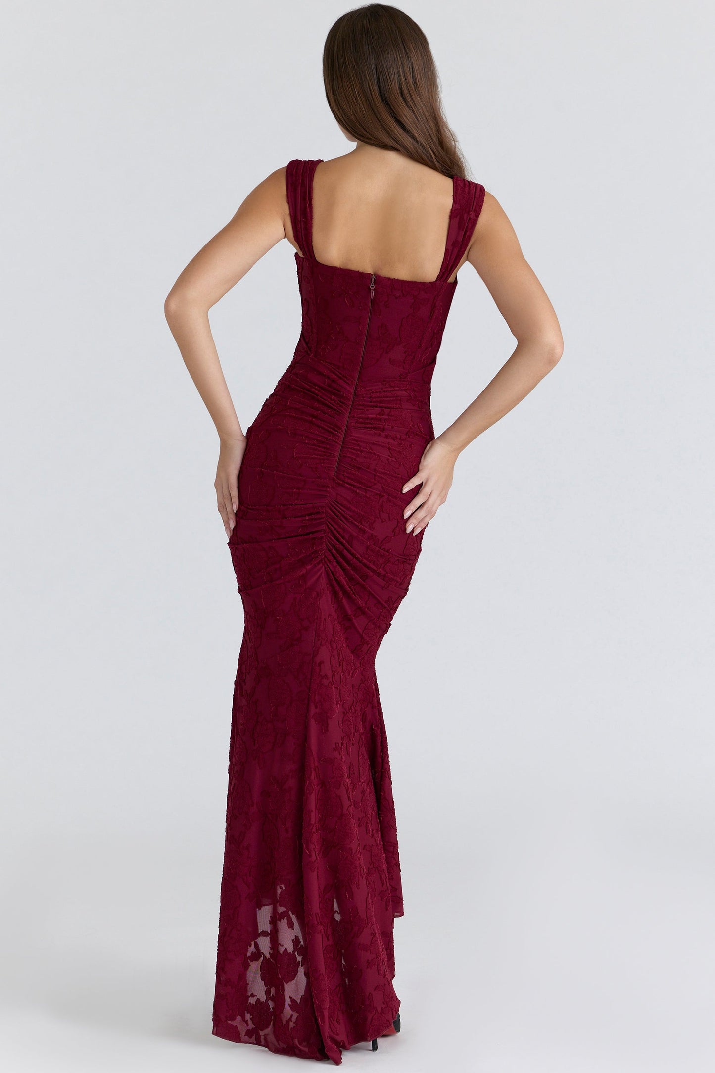 wine floral lace corset maxi dress