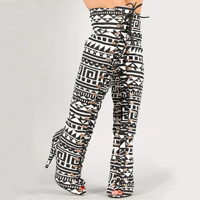 Clearance - Tribal Print Open Thigh High Boots