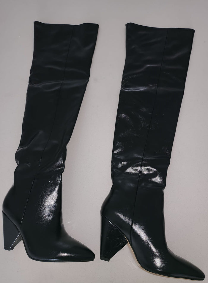 Clearance -"Niki" Triangular Heel Knee High Boots Inspired By Saint Laurent