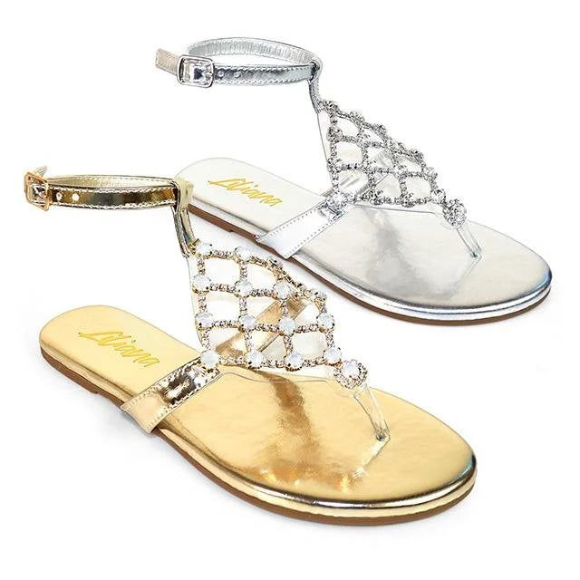 Marlo Rhinestone Faux Jeweled Flat Sandals -Gold