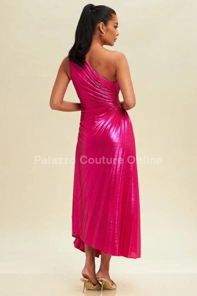 Metallic Cutout Pleated Maxi Dress (Fushsia)