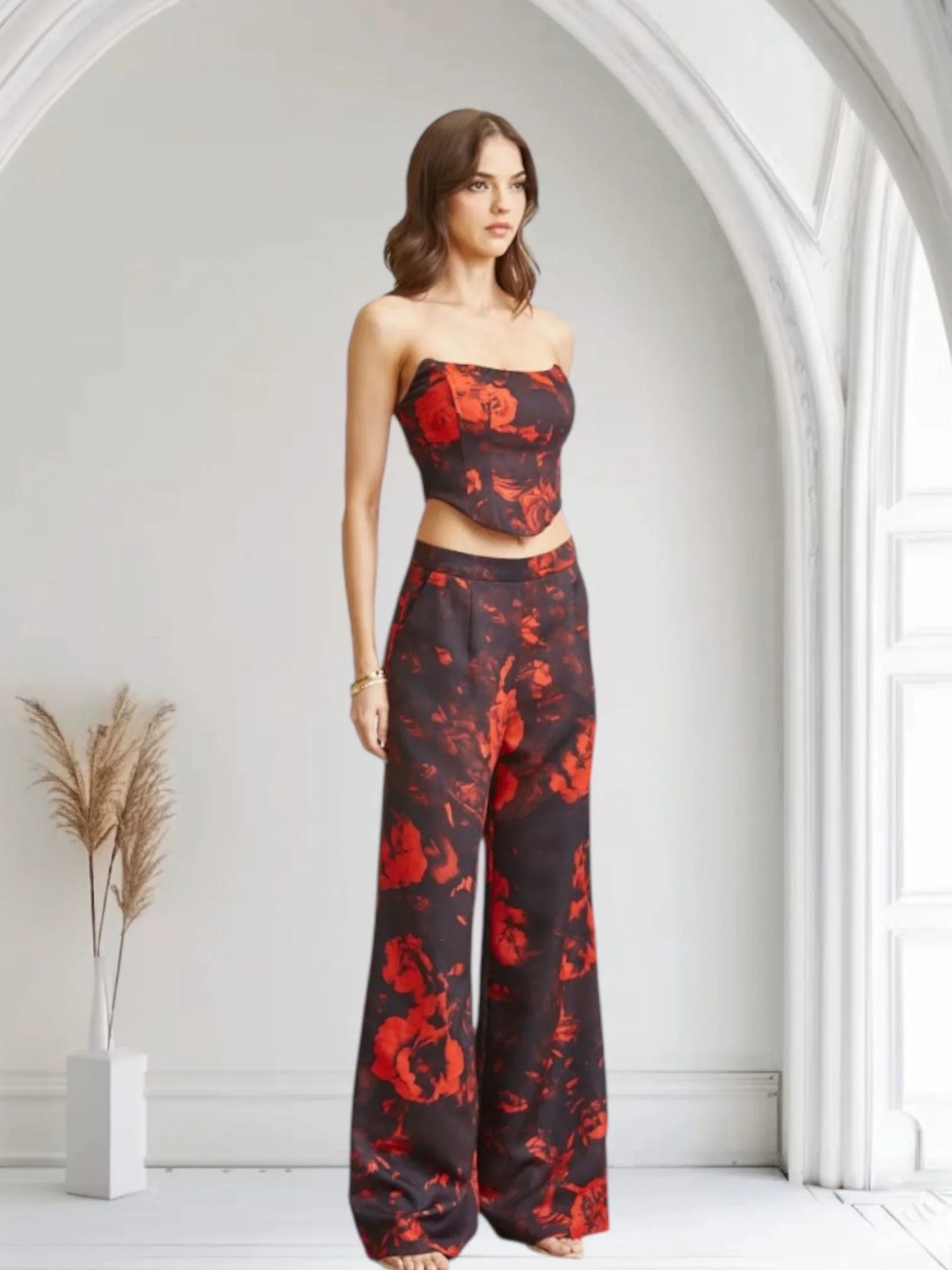 Midnight Rose Corset Pant Set - BlackRed