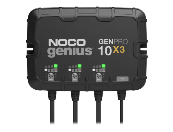 NOCO Genius On-Board Chargers featuring a rugged black design with multiple charging ports and LED indicators, ideal for marine electronics and fishing tackle power management.