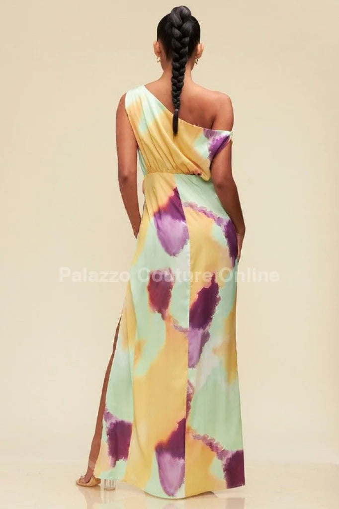 Obsessed One Shoulder Drape Maxi Dress ( Orange/Mint)