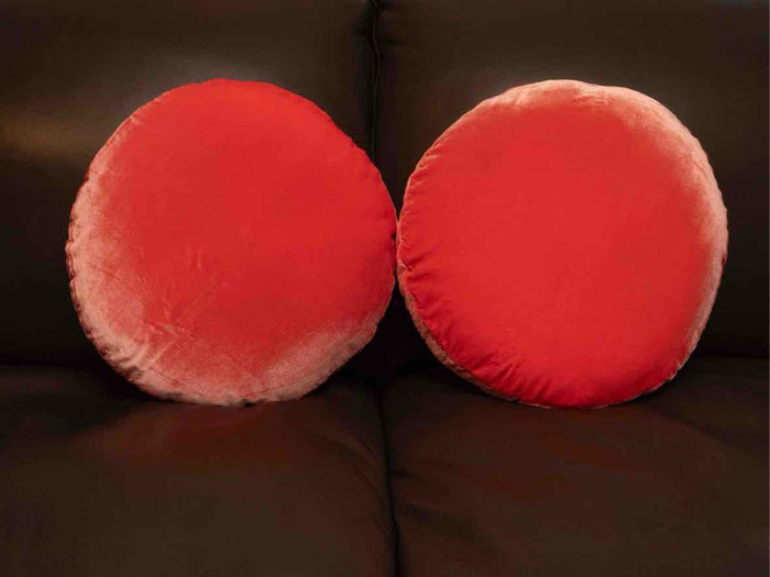 Pair Of Custom Round Vibrant Tangerine Pink Velvet Accent Pillows