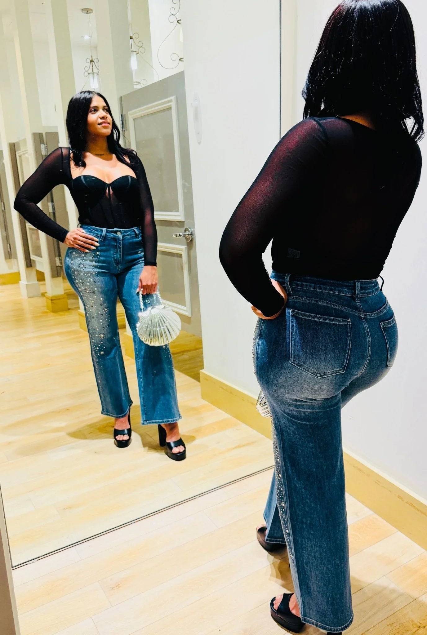 Radiant Pearl Embellished Wide-Leg Jeans