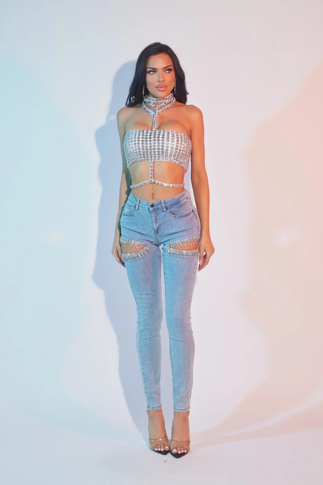 Rhianna Cut out Crystal Cascade - Light Blue Denim