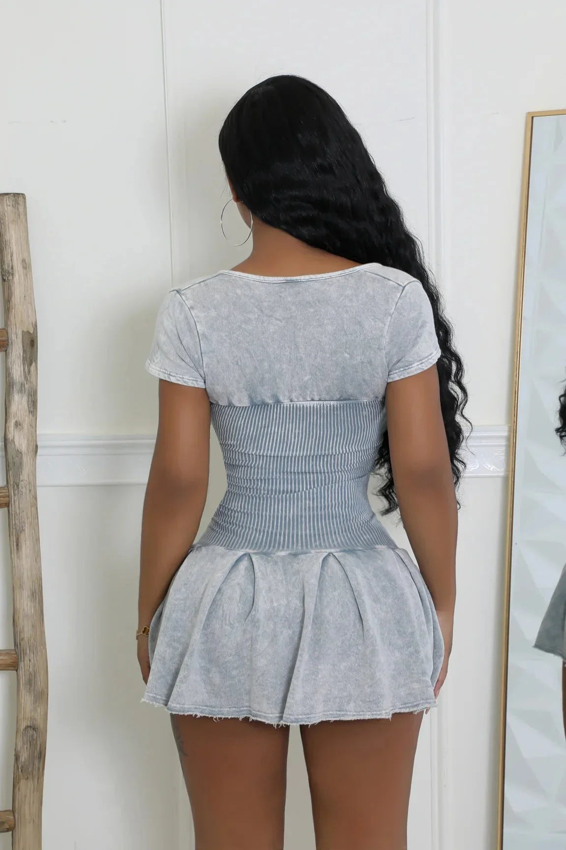 Ribbed Fitted Flare Mini Dress (Cement)