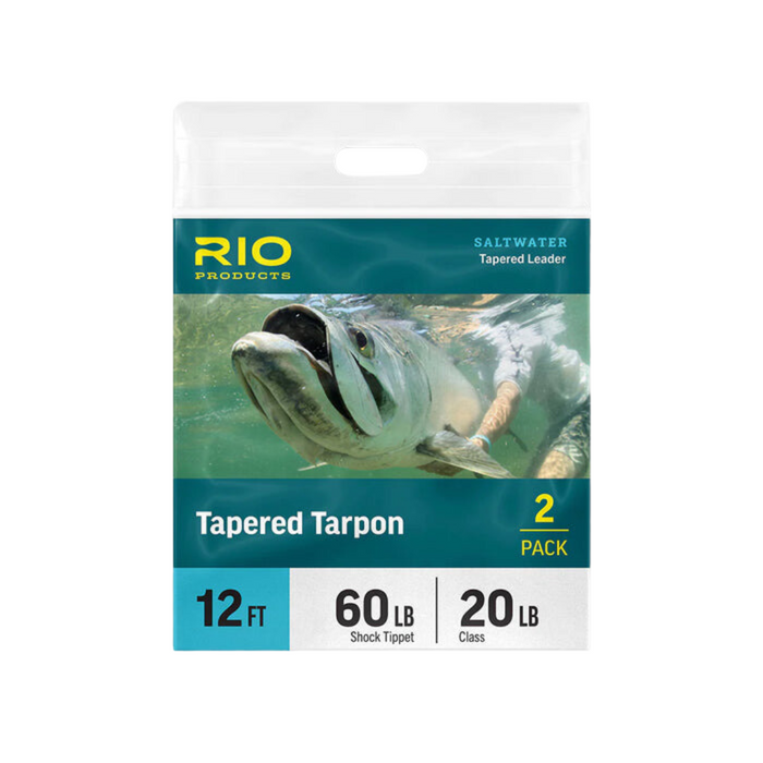 Packaging of Rio Tapered Tarpon Leader 2 Pack featuring image of a tarpon fish underwater, indicating 12-foot length, 60 lb shock tippet, and 20 lb class for saltwater fishing tackle.