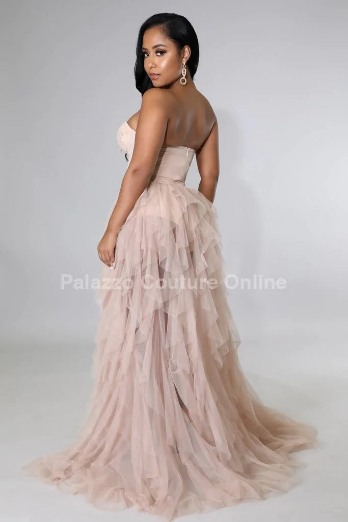 Royal Queen Nude Maxi Dress with Corset Lace Detail