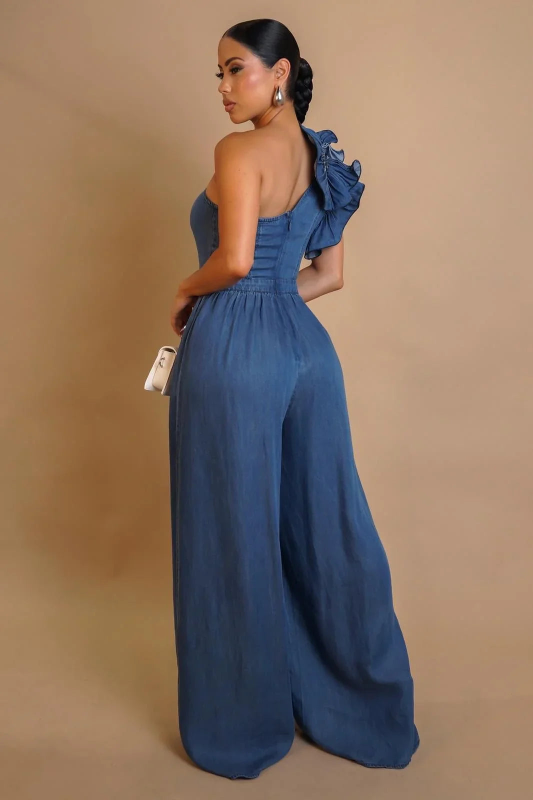 Ruffle Royalty One-Shoulder Denim Jumpsuit - Blue