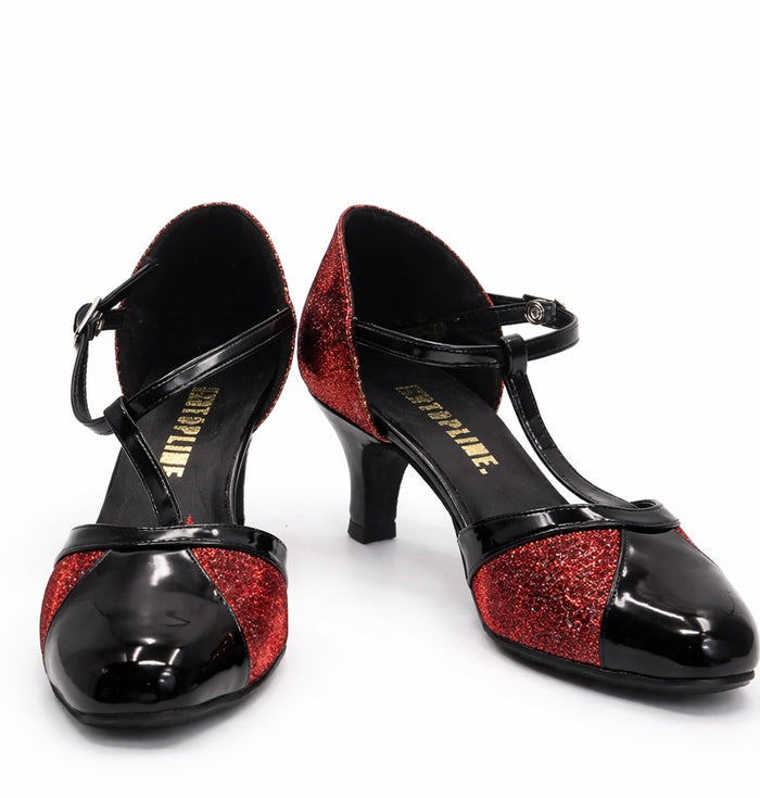 Sandales à talons noires à brides strass rouges - Élégances sophistiquée