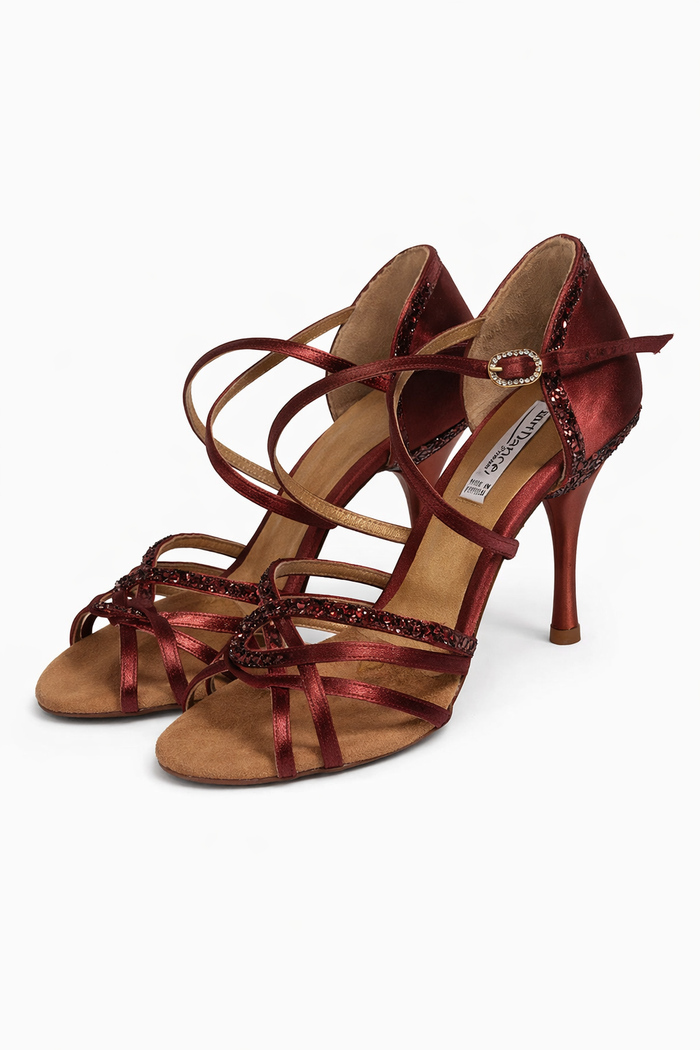 Sandales de danse marron satinées à strass - Élégant & maintien professionnel