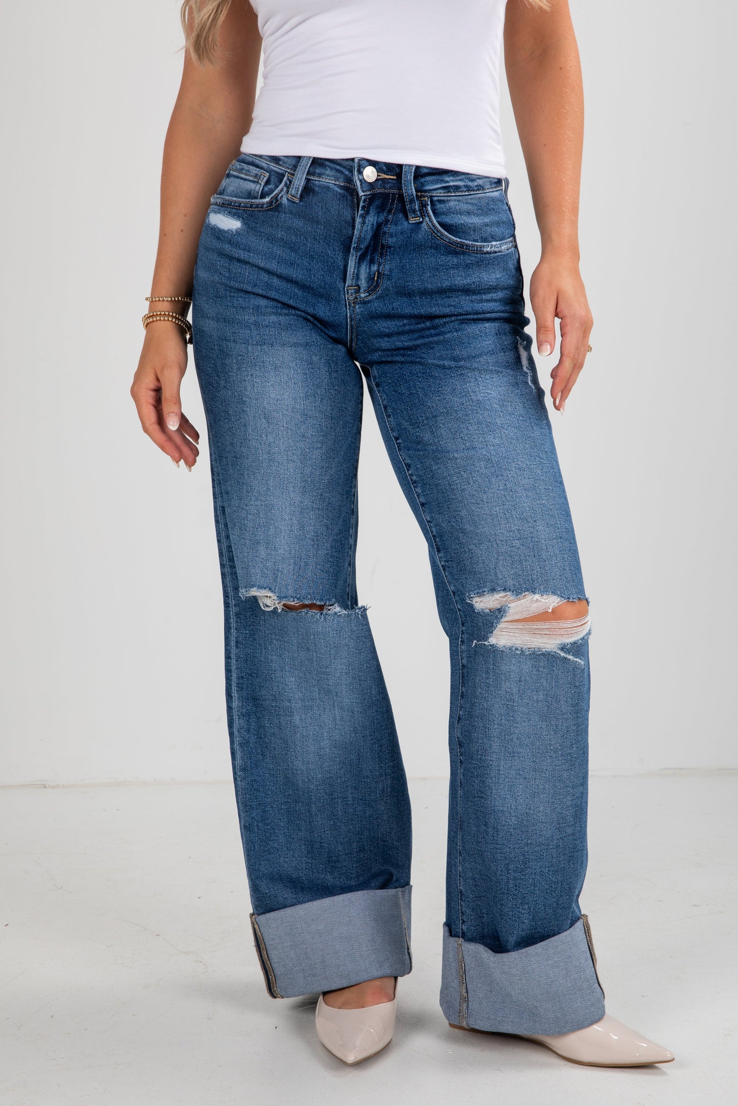 Audrey Medium Wash High-Rise Cuffed Wide Leg Jeans
