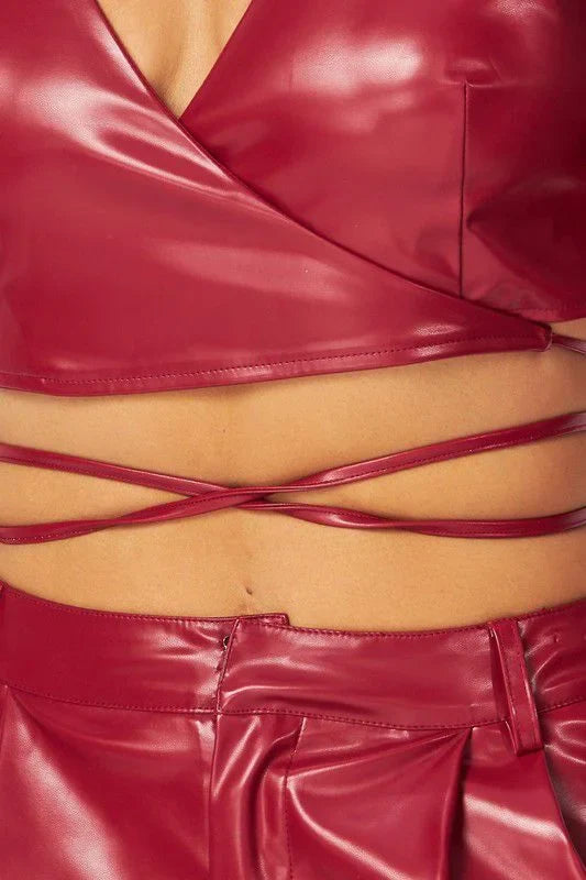 Sleek Edge Faux Leather Wrap Jacket Set - Burgundy