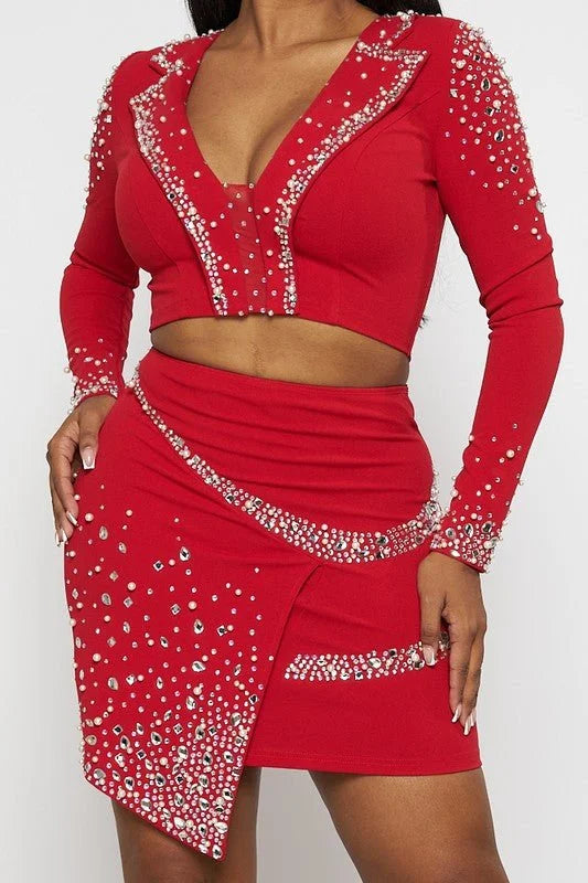 Special Meetings Red Skirt Set with Rhinestone Crop Top