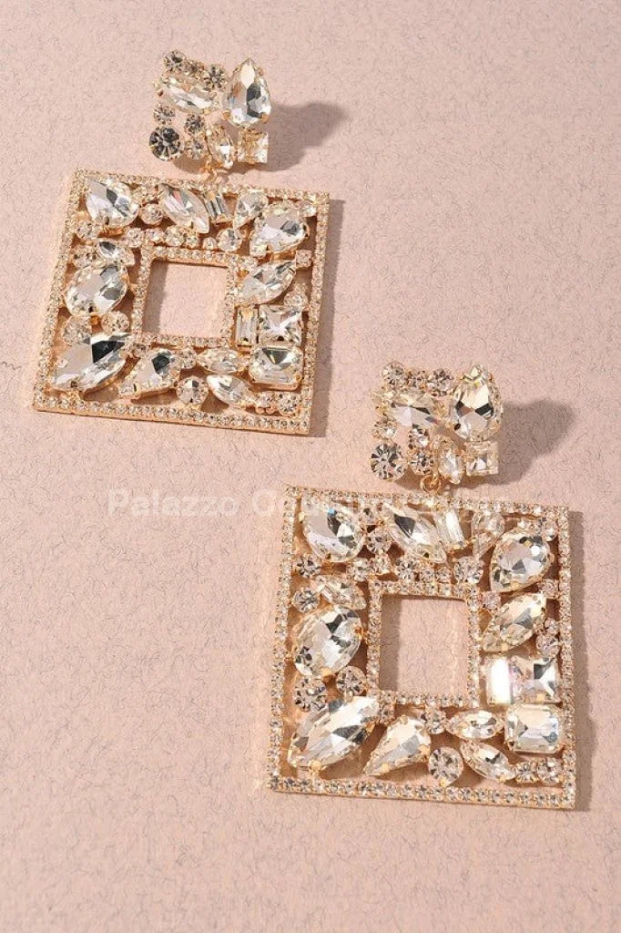 Square Dangle Earrings with Multi Stone Crystal Embellishments