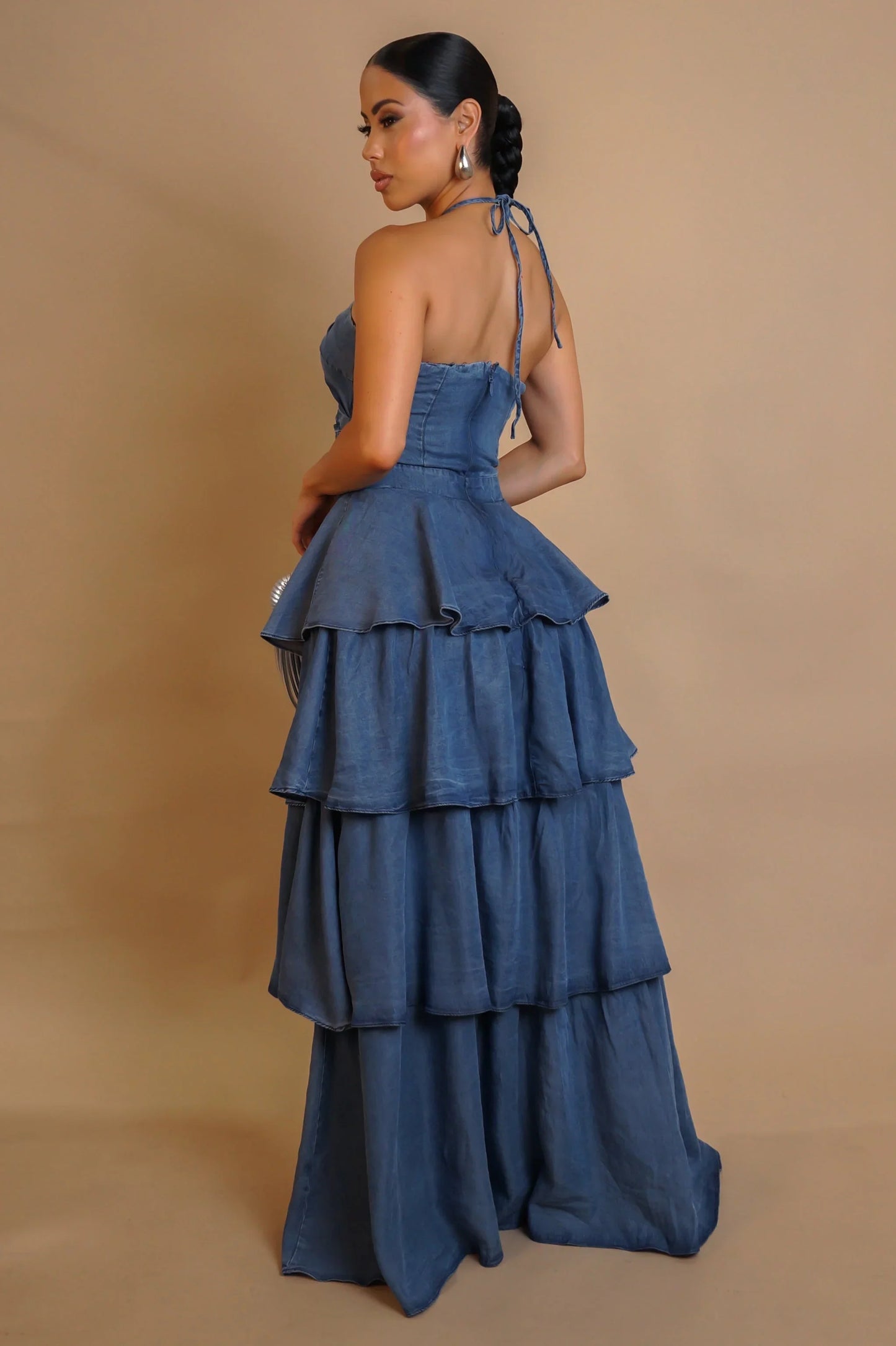 Tiered Twist-Front Denim Maxi Dress -Denim