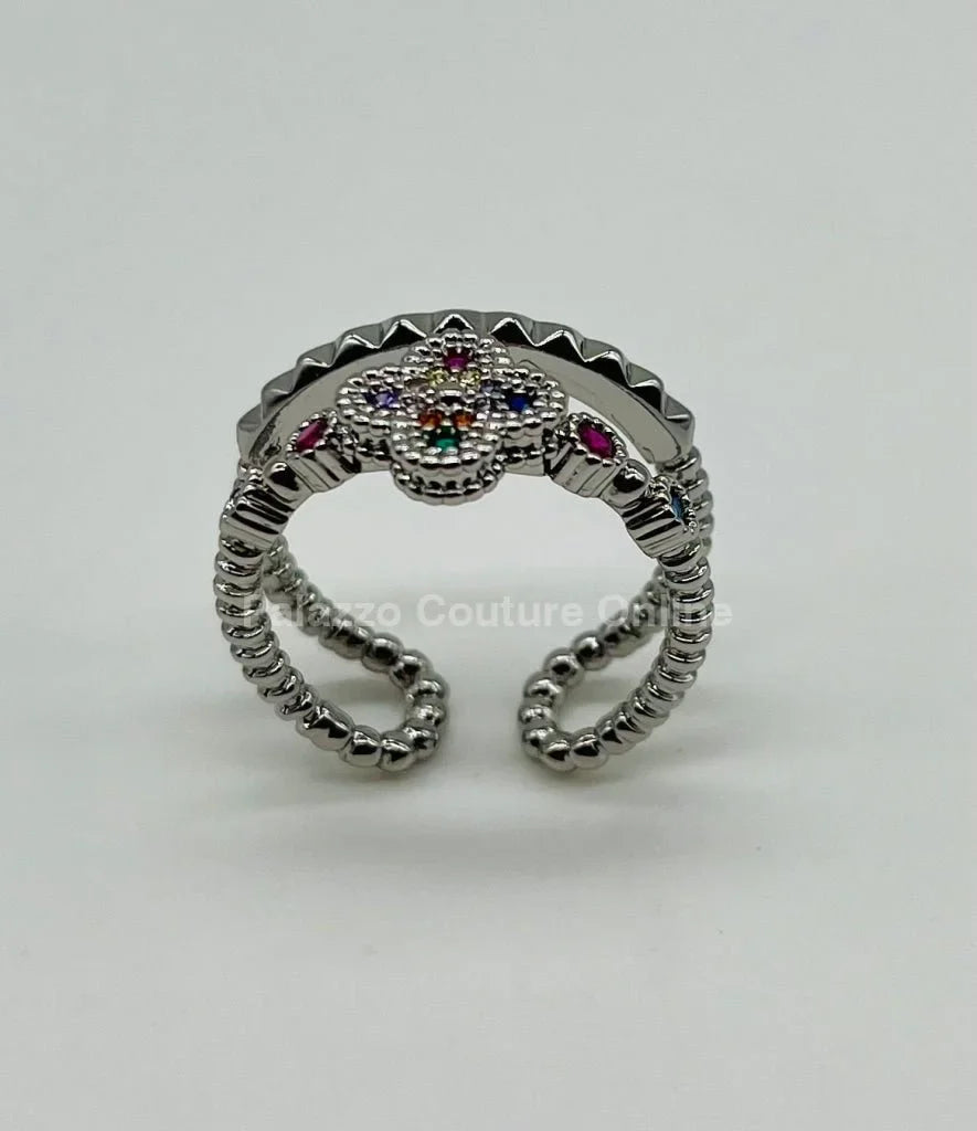 Tutti-frutti Clover Layered Open Ring (Silver)