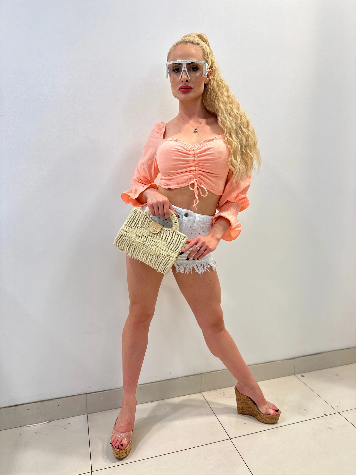 Vacation Mode Peach Crop Top with Ruched Front Detail