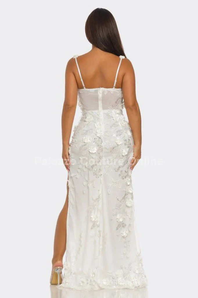 White Floral Sequin Gown – Enchanted Blossom Maxi