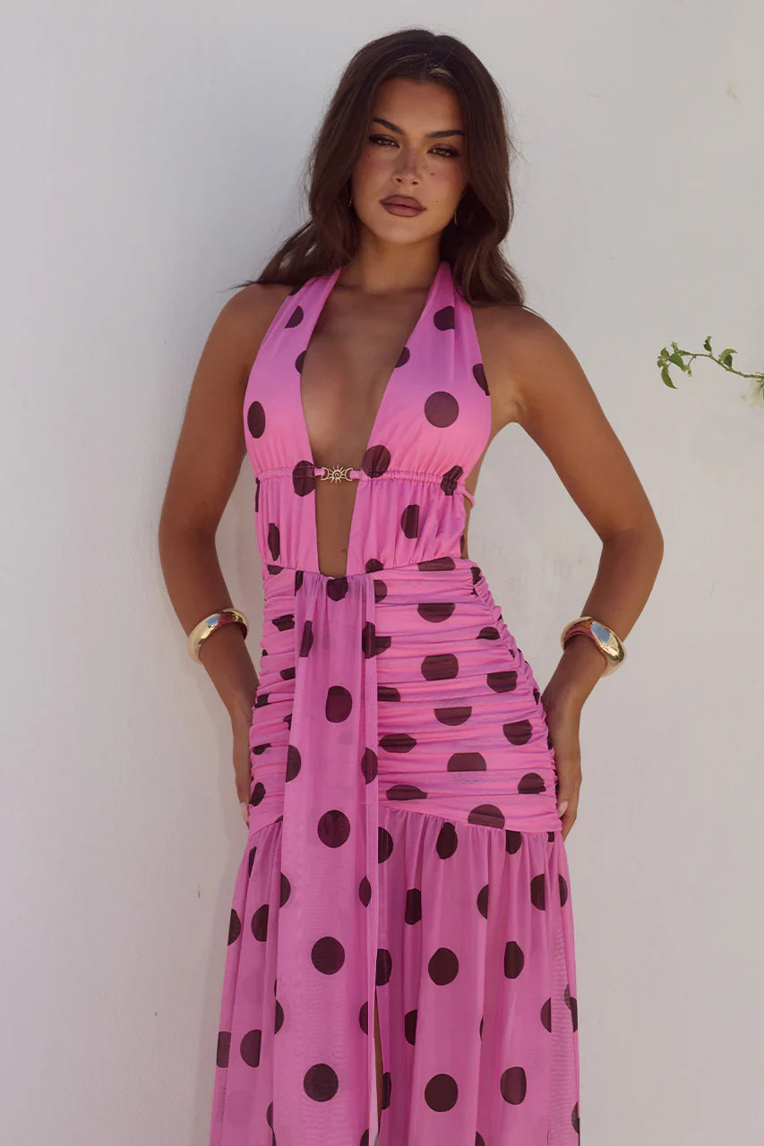 ADRIANNA PLUNGE RUCHED MAXI DRESS - MUSK/CHOC POLKA