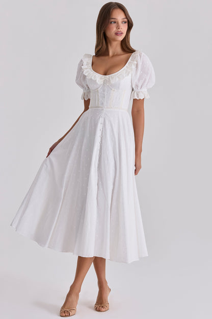 white broderie anglais babydoll midi dress