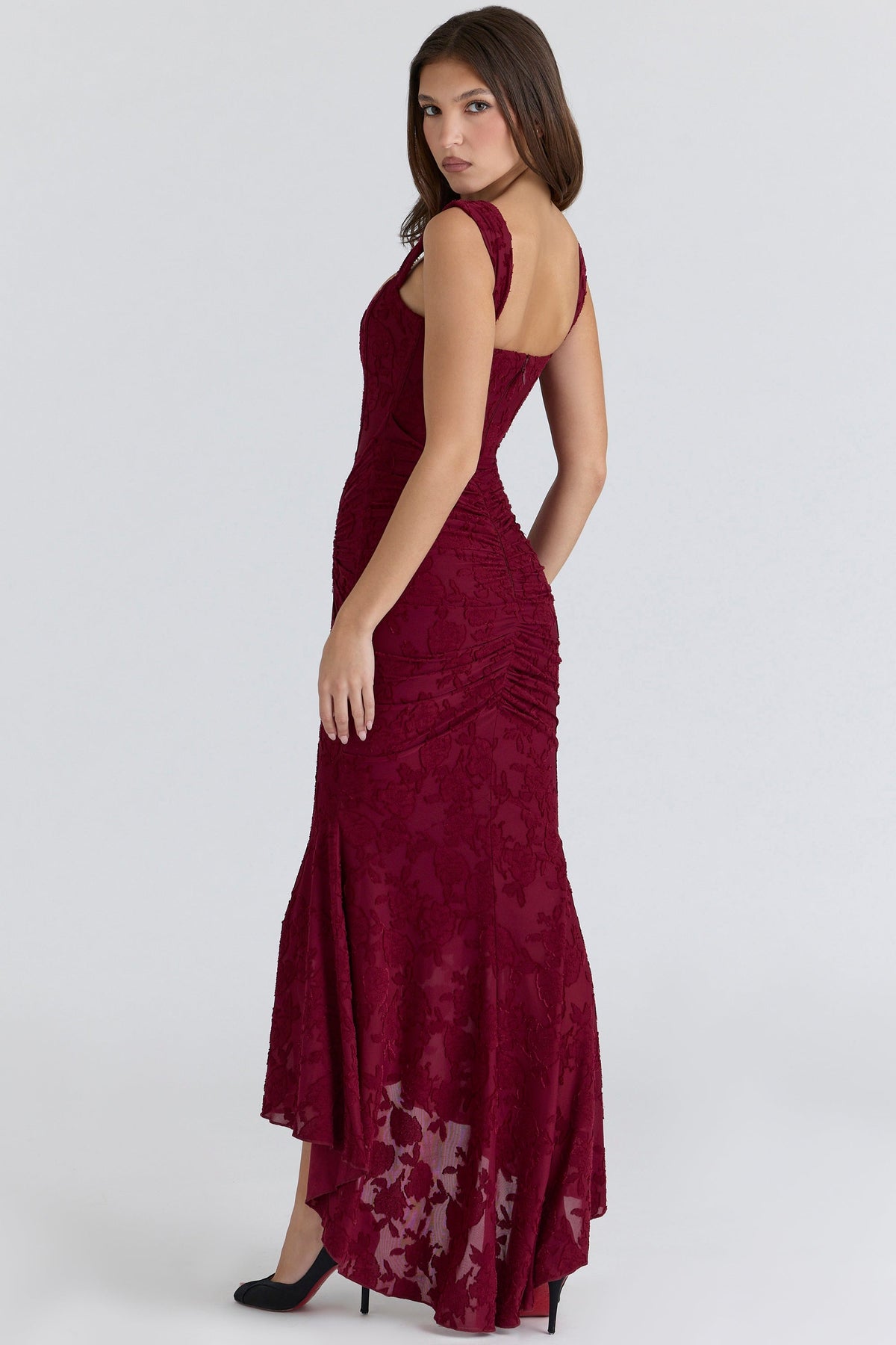 wine floral lace corset maxi dress