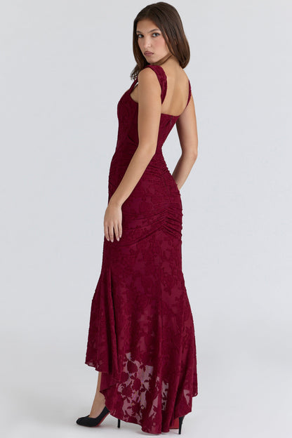 wine floral lace corset maxi dress
