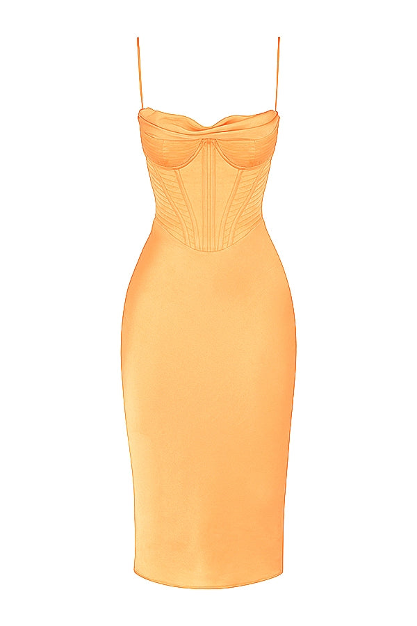 tangerine satin corset midi dress