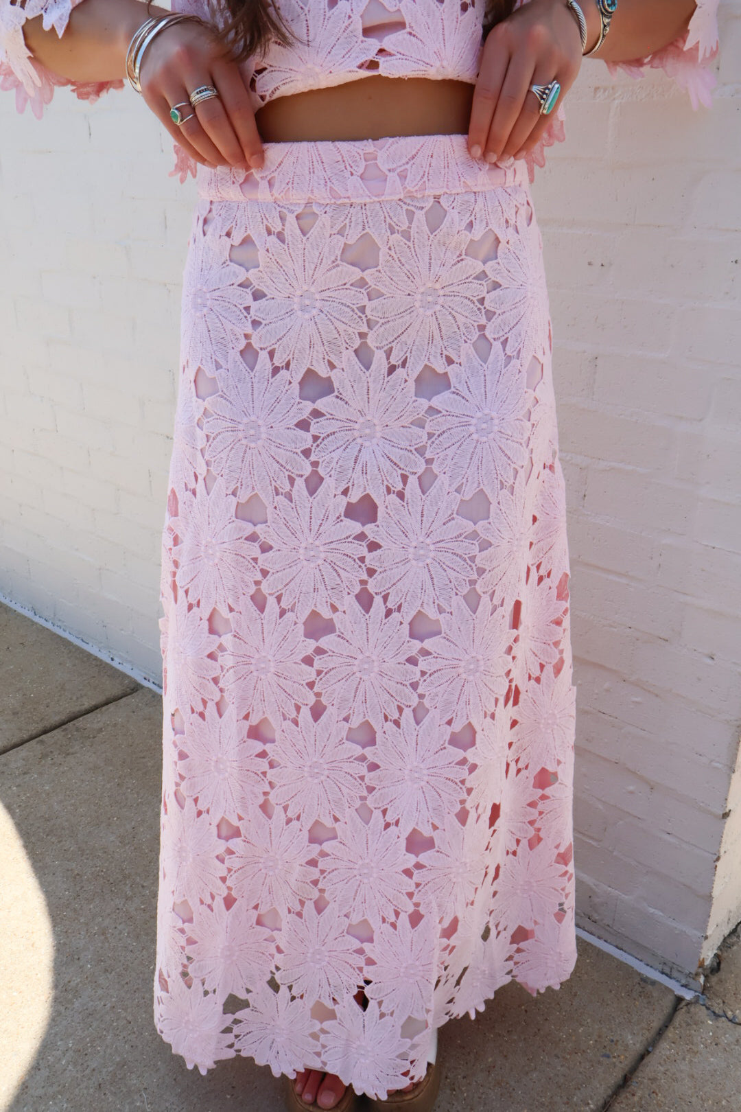 Blush Pink Floral Crochet Lace Crop Top and Maxi Skirt Set