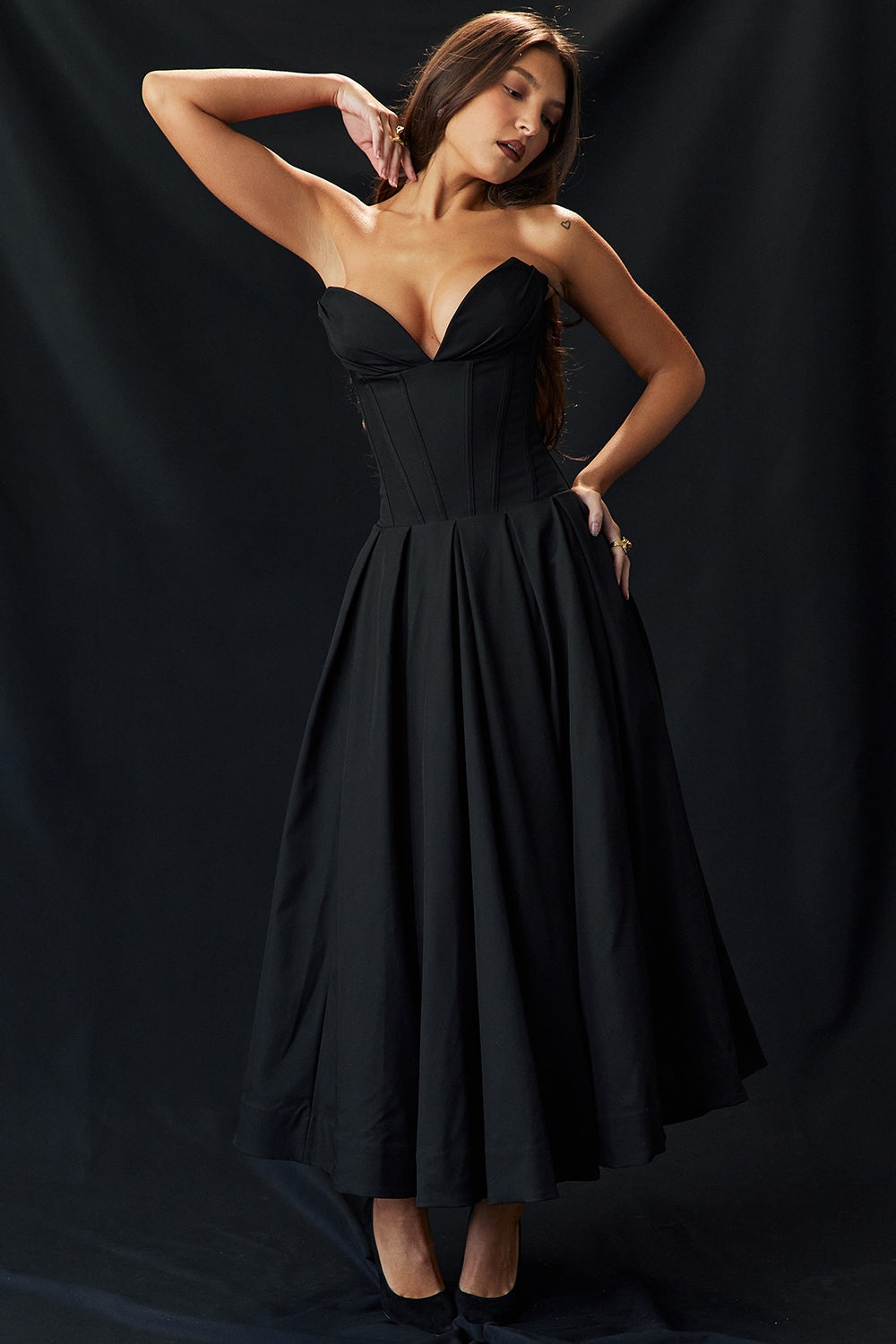black strapless midi dress