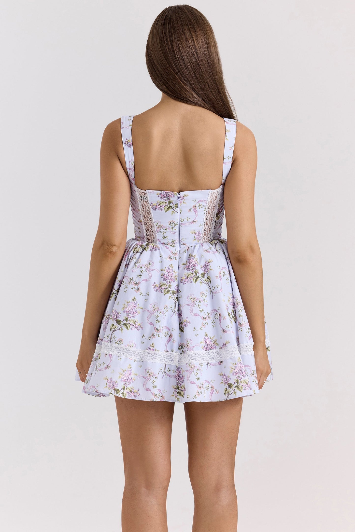 lilac ribbon print cotton mini dress