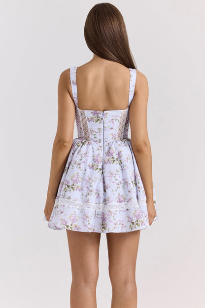 lilac ribbon print cotton mini dress