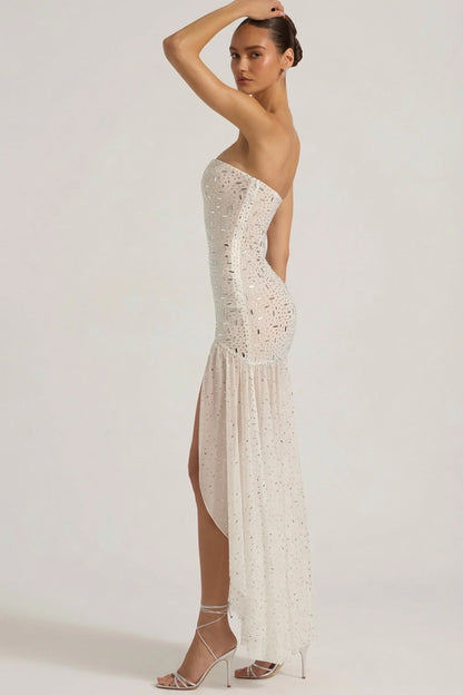 Semi-Sheer Embellished Asymmetric Maxi Dress in White